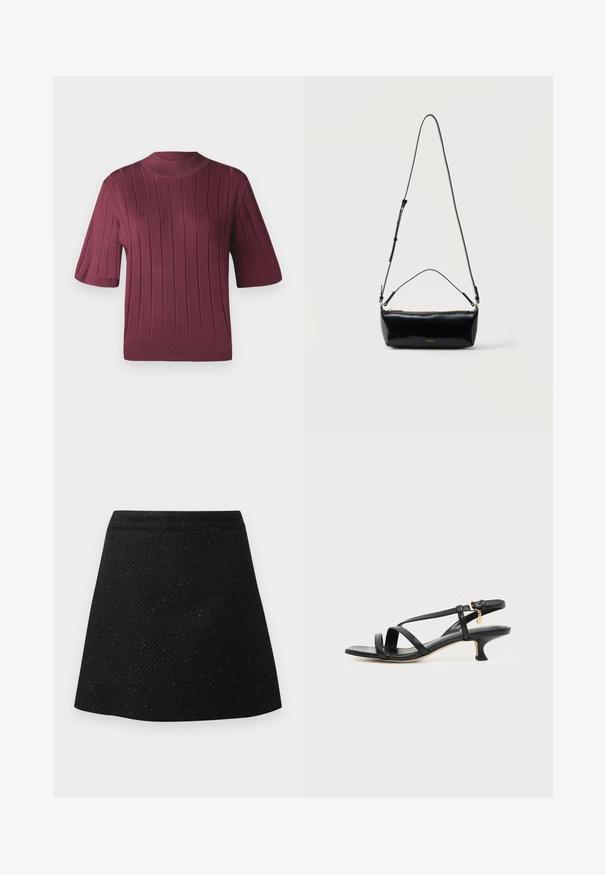Pull bourgogne à manches courtes avec texture côtelée, col haut et silhouette ajustée. Matière en tricot doux avec des rayures horizontales.; Jupe noire en tissu texturé, dotée d'une taille cintrée et d'une coupe évasée. Simple, de couleur unie sans motifs ni accents visibles.; Sandale noire en cuir à brides fines, talon bas kitten, boucle à la cheville et petit pendentif doré sur fond clair uni.; Sac bandoulière rectangulaire en cuir noir avec bandoulière ajustable, fermeture éclair sur le dessus et petit logo Calvin Klein doré sur le devant.