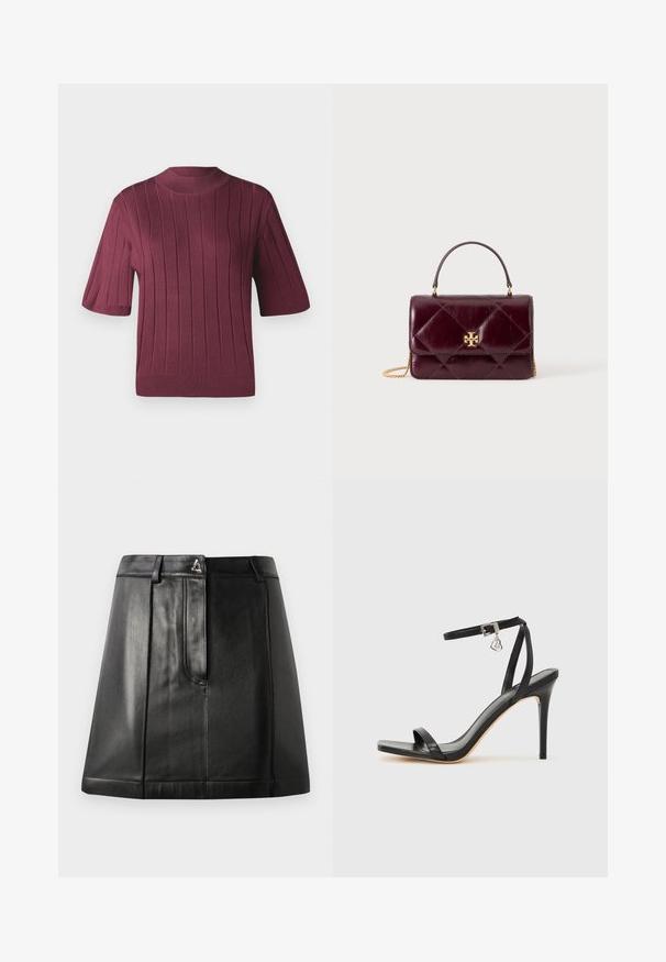Pull bourgogne à manches courtes avec texture côtelée, col haut et silhouette ajustée. Matière en tricot doux avec des rayures horizontales.; Jupe en cuir noir avec une forme structurée, dotée d'une poche avant et d'un accent métallique à la taille. Texture lisse et détails de couture.; Sandale à talon haut noire avec une bride étroite à la cheville, bout carré, cuir lisse et accent de boucle métallique.; Petit sac à main en cuir bordeaux foncé avec motif matelassé, fermoir logo doré, poignée supérieure et bandoulière chaîne dorée sur fond blanc.