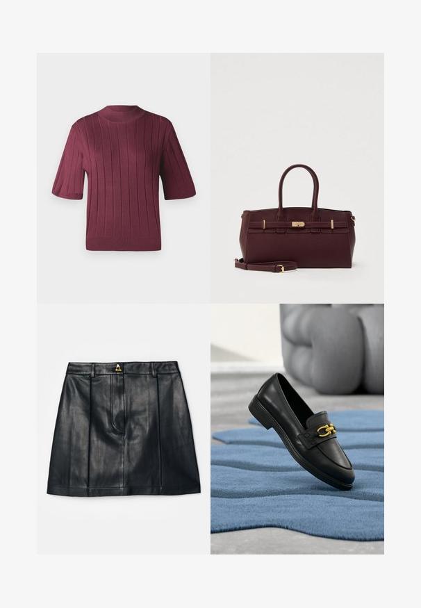 Pull bourgogne à manches courtes avec texture côtelée, col haut et silhouette ajustée. Matière en tricot doux avec des rayures horizontales.; AERON RUDENS SKIRT - Jupe trapèze - black; Mocassin en cuir noir avec un accent en chaîne dorée, semelle plate et détails de coutures, positionné au-dessus d'un tapis bleu texturé.; Sac à main en cuir bordeaux avec deux poignées supérieures et une bandoulière amovible. Dispose de ferrures dorées et d'un design structuré avec des accents horizontaux.