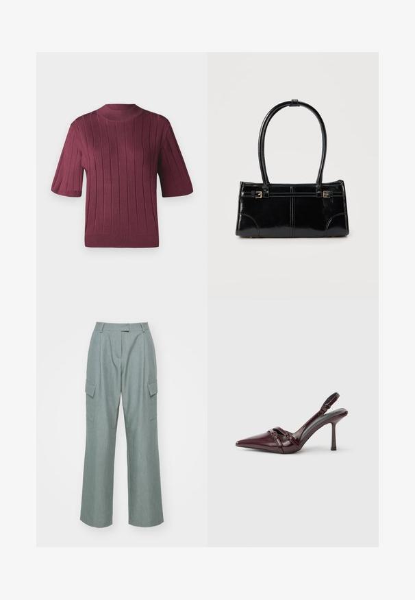 Pull bourgogne à manches courtes avec texture côtelée, col haut et silhouette ajustée. Matière en tricot doux avec des rayures horizontales.; Des pantalons cargo larges de couleur vert clair dotés de deux poches latérales, d'un devant plat et d'une texture lisse, conçus pour un ajustement décontracté.; Escarpin slingback en cuir verni bordeaux avec bout pointu, fine bride à la cheville et petit détail décoratif de boucle. Texture lisse et talon haut.; Sac à main rectangulaire noir brillant avec deux fines bretelles et petits détails de boucles dorées à l'avant.