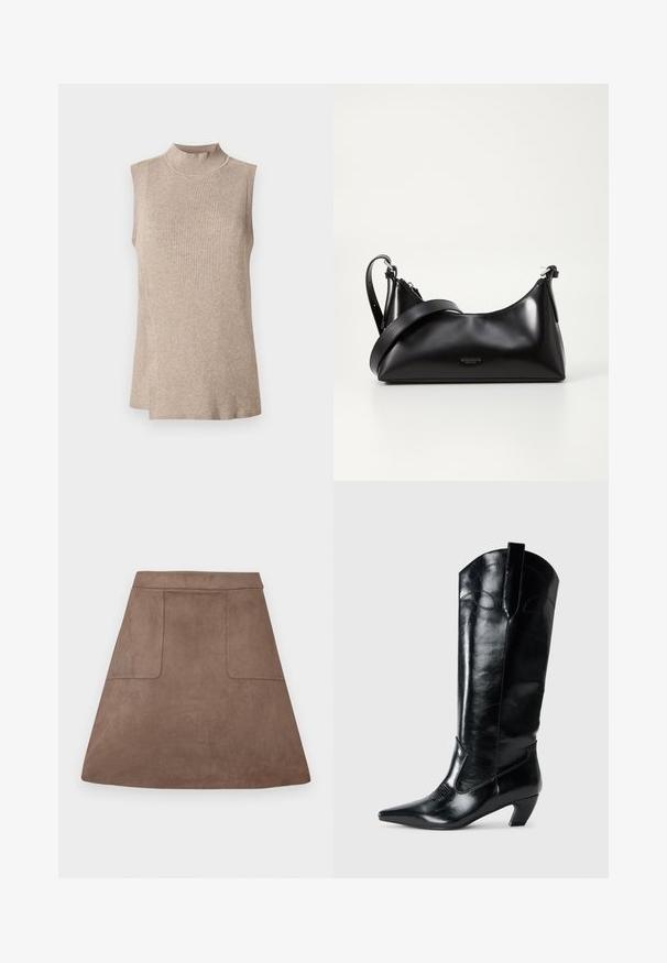 Haut sans manches beige avec un col montant côtelé, présentant un motif tricoté texturé et un ourlet asymétrique, idéal pour les superpositions.; Jupe A-line en suède marron avec une texture lisse, dotée de deux poches avant et d'une taille sans couture, conçue pour une longueur au-dessus du genou.; Bottes en cuir noir montantes jusqu'au genou, avec une pointe effilée, un talon bas, et des détails de couture décoratifs sur les côtés. Fini lisse et brillant.; Sac à main en cuir noir avec une texture lisse. Dispose d'une bandoulière adjustable et d'un design élégant et minimaliste avec une fermeture éclair.