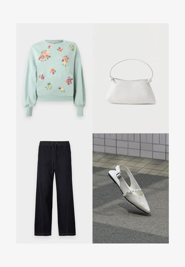 Sweatshirt vert clair avec broderies florales en rose, orange et jaune. Il présente des poignets et un ourlet côtelés, avec une coupe décontractée et des manches ballon.; Pantalon en denim foncé à jambes larges, doté d'une taille élastique avec cordon de serrage, de coutures orange contrastantes et de lignes droites et épurées.; Chaussure plate slingback blanche pointue avec deux boucles argentées, présentée en extérieur sur un sol texturé et un mur carrelé en arrière-plan.; Sac à main en cuir tressé blanc avec poignée arrondie et extrémités de lanière nouées, présenté sur un fond uni.