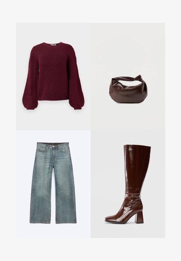Pull en tricot bourgogne avec un motif de boules texturé, un col rond et des manches ballon avec des poignets côtelés.; Jean bleu à jambes larges avec poches avant, passants de ceinture, fermeture par boutons et détails subtils d’usure sur les cuisses et les genoux.; Bottes en cuir verni marron jusqu'aux genoux avec un bout carré, finition brillante et un talon épais pour la stabilité. Design sans couture sans matériel visible.; Sac bandoulière en cuir marron foncé avec une forme souple et décontractée et une anse nouée torsadée sur un fond blanc uni.