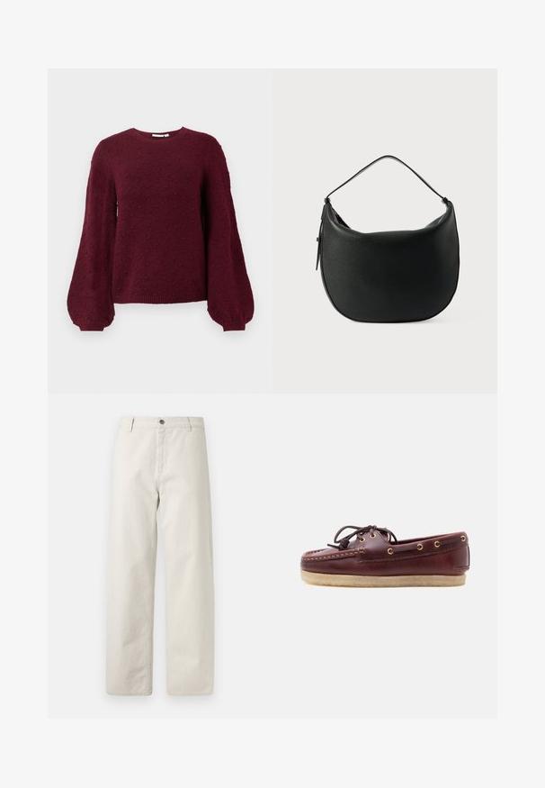 Suéter de punto burdeos con un patrón texturizado de bolitas, cuello redondo y mangas de globo con puños acanalados.; Pantalones de pierna ancha en beige con sutiles rayas verticales, trabillas para cinturón, cierre con botones y bolsillos delanteros.; Mocasín para hombre de cuero marrón oscuro con suela de crepé beige y detalles de cordones atados en la parte superior, visto de lado.; Bolso de hombro de cuero negro con forma curvada y un solo asa. La superficie presenta un acabado texturizado y un cierre con cremallera.