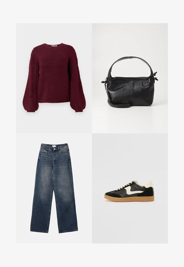 Bordeaux strikket sweater med et tekstureret boble mønster, rund halsudskæring og ballonærmer med ribkant.; Mænds højtaljede blå denim jeans med brede ben, frontknap og lynlås samt for- og baglommer.; Sorte ruskinds- og lædersneakers med en cremefarvet side-swoosh og lys cremefarvet hæl. Har beige snørebånd og en gummirubber-sål.; Sort læderhåndtaske med et struktureret design, rund tophåndtag og aftagelig skulderrem. Den har en glat tekstur og en subtil glans.
