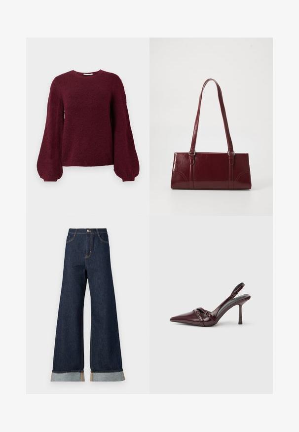 Pull en tricot bourgogne avec un motif de boules texturé, un col rond et des manches ballon avec des poignets côtelés.; Jean en denim foncé à jambes larges avec des coutures orange, présentant une taille haute, deux poches avant et des ourlets retroussés mettant en valeur un tissu contrastant bleu clair.; Escarpin slingback en cuir verni bordeaux avec bout pointu, fine bride à la cheville et petit détail décoratif de boucle. Texture lisse et talon haut.; Sac à main bordeaux en matériau brillant, de forme rectangulaire, avec deux anses et des accents légèrement courbés à l'avant.