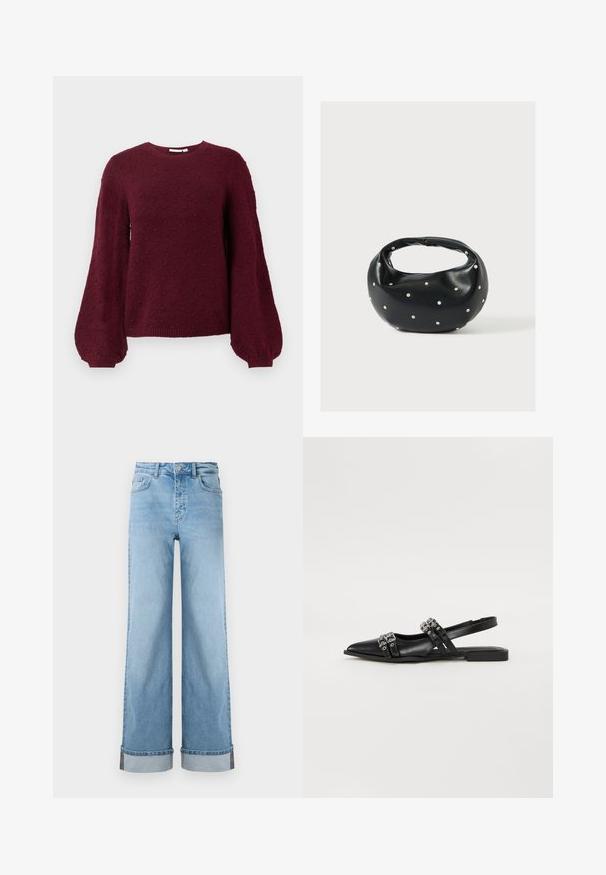 Bordeaux strikket sweater med et tekstureret boble mønster, rund halsudskæring og ballonærmer med ribkant.; Lyseblå, vide jeans i klassisk denim med høj talje, prydet med opbrettede kanter og synlig søm.; Even&Odd by Zalando Slingback-ballerinasko - black; Sort læderhåndtaske med en rundet form, dekoreret med sølvnitter, og et kort håndtag. Glat tekstur og lynlåslukning.