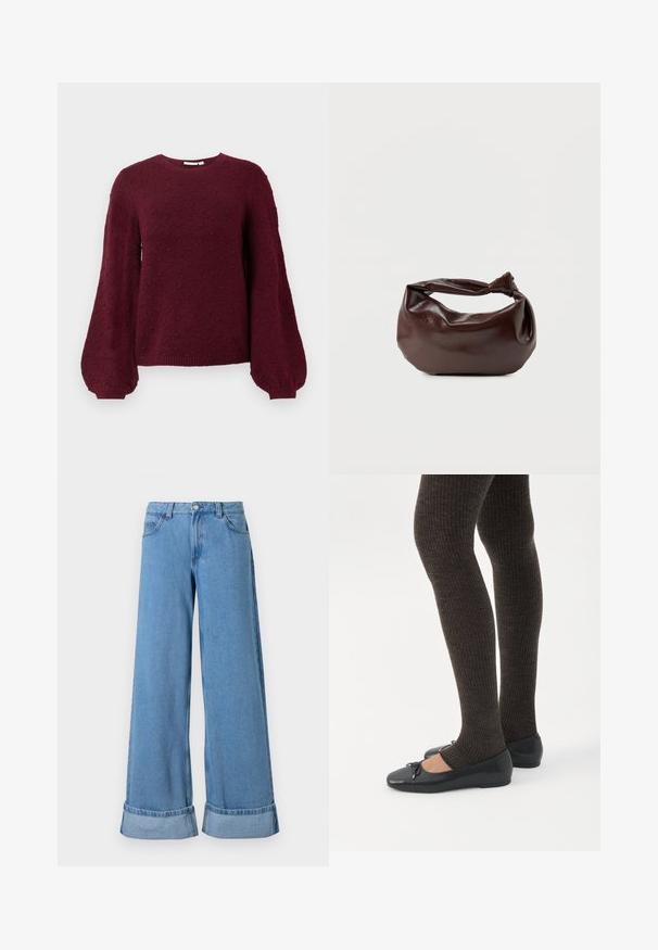 Bordeaux strikket sweater med et tekstureret boble mønster, rund halsudskæring og ballonærmer med ribkant.; Lyseblå denim bukser med vide ben har høj talje, optrillede nederkanter, fem lommer og en knaplukning med lynlås.; Ben iført mørke ribbede leggings kombineret med sorte balletsko med små sløjfedetaljer på hvid baggrund.; Mørkebrun læder skuldertaske med en blød, afslappet form og et snoet knudehåndtag på en ensartet hvid baggrund.