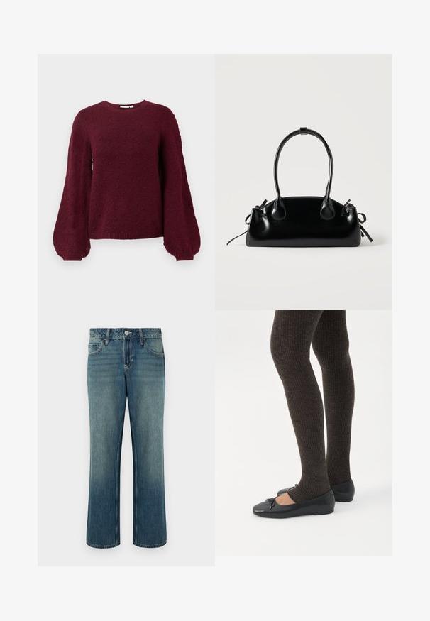 Bordeaux strikket sweater med et tekstureret boble mønster, rund halsudskæring og ballonærmer med ribkant.; Blå denimjeans med lige snit, talje i mellemhøjde, fem lommer og diskret falmning. Lukkes med knap og har bæltestropper.; Ben iført mørke ribbede leggings kombineret med sorte balletsko med små sløjfedetaljer på hvid baggrund.; Lille sort blank håndtaske med to lange håndtag og snøre-detaljer i siden på en ensfarvet lys baggrund.