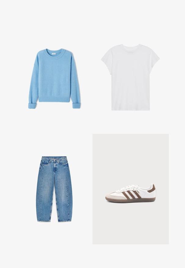 Hellblaue Jacke aus weichem, aufgerautem Stoff. Verfügt über gerippte Bündchen und Saum sowie einen runden Ausschnitt. Lässige Passform mit überschnittenen Schultern.; Weißes kurzärmliges T-Shirt mit Rundhalsausschnitt, lockerer Passform, aus weichem Baumwollstoff. Glatte Textur, keine Muster oder Logos.; Hellblaue Denim-Jeans mit hoher Taille, weitem Schnitt und fünf Taschen. Mit kontrastierenden Nähten und einem kleinen Metallknopfverschluss.; Weißer Adidas Samba Sneaker mit braunen Wildlederstreifen, brauner Gummisohle und beiger Wildlederkappe, von der Außenseite auf schlichtem Hintergrund gezeigt.