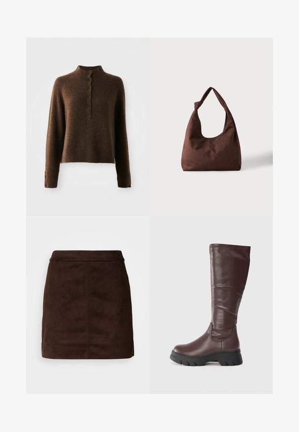 Bruine donzige gebreide trui met lange mouwen, een hoge ribbelkraag en een knoopsluiting met zes zwarte knopen aan de voorkant en bij de manchetten.; Bruine suede mini-jurk met een gladde textuur, aansluitende taille en verticale naaddetails. Minimalistisch ontwerp zonder extra versieringen.; Bruine leren kniehoge laarzen met een gladde afwerking, dikke zwarte rubberen zool en minimale stiksels langs de bovenrand.; Bruine gestructureerde stoffen handtas met een enkele handgreep die in een knoop is gebonden, weergegeven tegen een effen lichte achtergrond.