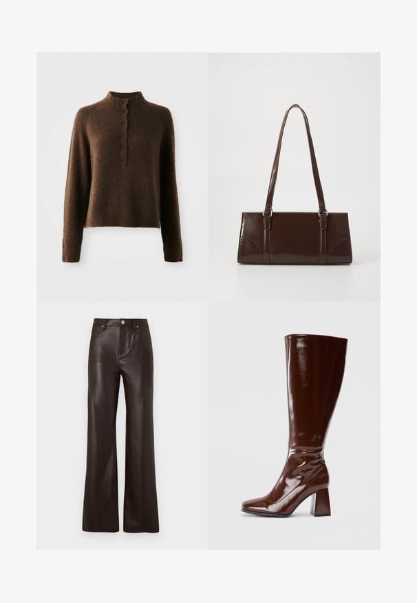 Bruine donzige gebreide trui met lange mouwen, een hoge ribbelkraag en een knoopsluiting met zes zwarte knopen aan de voorkant en bij de manchetten.; Vero Moda Wide-leg VMTESSA High rise - Broek - chocolate torte; Kniehoge bruine laarzen van gepatenteerd leer met een vierkante neus, glanzende afwerking en een chunky hak voor stabiliteit. Naadloos ontwerp zonder zichtbare hardware.; Bruine lakleren handtas met een rechthoekige vorm, twee lange handvatten en subtiele gebogen accenten aan de voorkant.