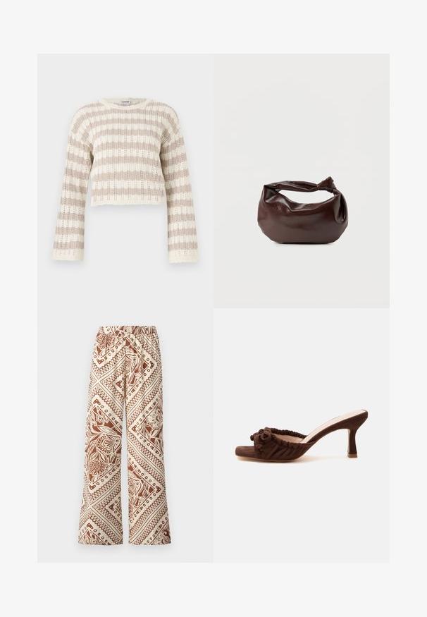 Pull en crochet beige et crème, avec des manches larges, des rayures horizontales et un design court à bords festonnés.; Pantalons à jambes larges en tissu crème avec un motif floral brun et des designs géométriques, taille élastiquée et texture lisse.; Mule en daim marron à bout ouvert avec une bride avant froncée et un talon fin de hauteur moyenne sur un fond uni.; Sac bandoulière en cuir marron foncé avec une forme souple et décontractée et une anse nouée torsadée sur un fond blanc uni.