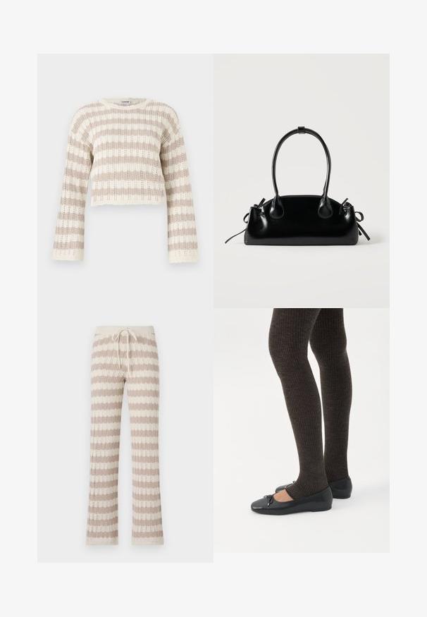 Suéter de punto de ganchillo en beige y crema, con mangas anchas, rayas horizontales y un diseño corto con bordes festoneados.; Pantalones de lounge de punto con rayas verticales en beige y crema, que cuentan con una cintura ajustable con cordón y una textura de punto abierto.; Piernas con leggings oscuros acanalados combinados con bailarinas negras que presentan pequeños detalles de lazo sobre un fondo blanco.; Pequeño bolso negro brillante con dos asas largas y detalles de cordón lateral sobre un fondo claro liso.