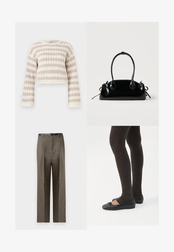 Pull en crochet beige et crème, avec des manches larges, des rayures horizontales et un design court à bords festonnés.; Pantalons marron ajustés à coupe droite, avec une texture lisse, des passants de ceinture et un design à plat sur le devant.; Jambes portant des leggings côtelés foncés associés à des ballerines noires avec de petits détails en nœud sur fond blanc.; Petit sac à main noir brillant avec deux longues anses et des détails à cordon sur les côtés sur un fond clair uni.