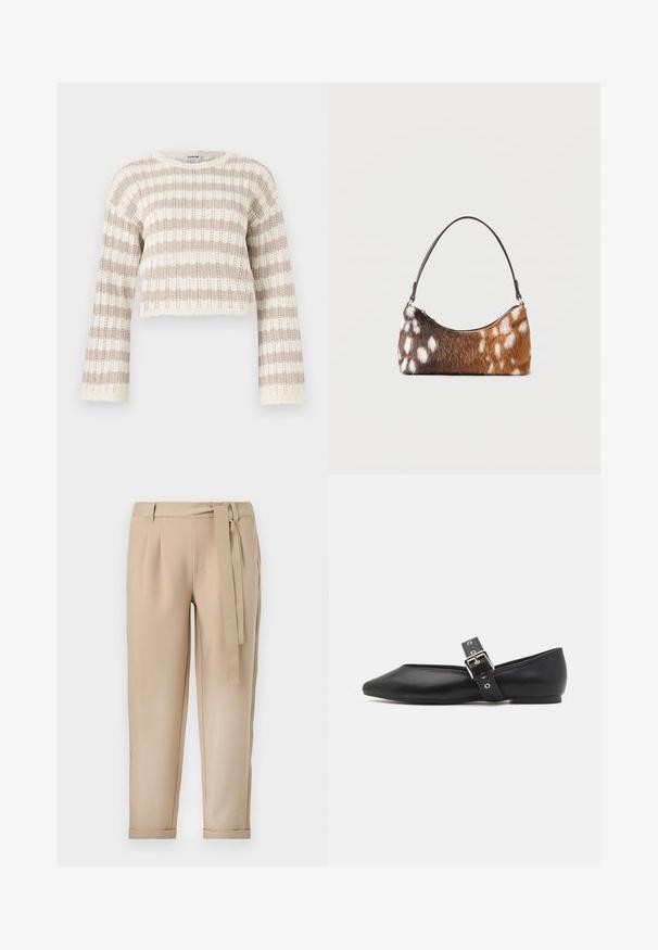 Suéter de punto de ganchillo en beige y crema, con mangas anchas, rayas horizontales y un diseño corto con bordes festoneados.; Pantalones beiges con una cintura ajustada, plisados y un cinturón a juego. Piernas ajustadas con dobladillos acampanados, hechos de un material suave.; Zapato plano de cuero negro con punta afilada, correa lateral con hebilla plateada y tacón bajo. Textura suave y diseño minimalista.; Bolso de hombro con piel sintética de manchas marrones y blancas y una correa negra delgada, mostrado sobre un fondo blanco.
