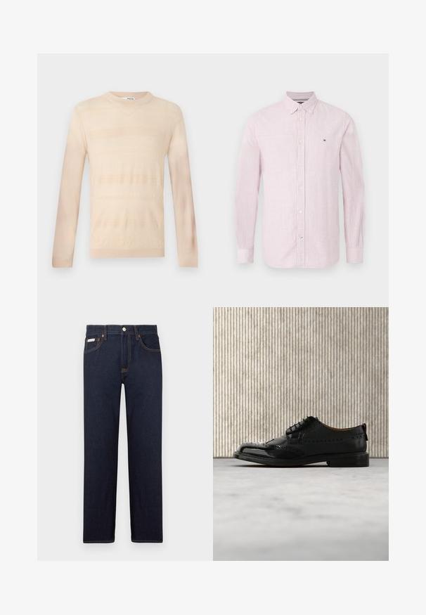 Lys beige strikket sweater med lange ærmer, som har et tekstureret stribet mønster og en rund halsudskæring. Glat stoffinish.; Langærmet skjorte med knapper i rød og hvid lodrette striber, med en klassisk krave og et lille logo på venstre bryst. Bomuldsstof.; Mørkeblå denimjeans med lige skæring, et klassisk fem-lomme design og kontrast orange syninger. Har en metal knaplukning.; Sort læder brogue-sko med wingtip-design, svævende over beige tæppe nær buet orange møbel.