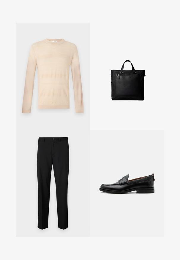 Suéter de punto color beige claro con mangas largas, que presenta un patrón de rayas texturizado y un escote redondo. Acabado de tela suave.; Pantalones de traje negros con frente plano, cintura estándar y piernas rectas. Hechos de una tela suave, con un cierre de botón único.; Mocasín de hombre de piel negra con costura moc toe, tira penny, cuello texturizado y tacón bajo apilado sobre fondo blanco.; Bolsa tote negra con asas dobles, gran bolsillo delantero de cuero con cremallera y sutil logo de Calvin Klein en el centro del bolsillo.