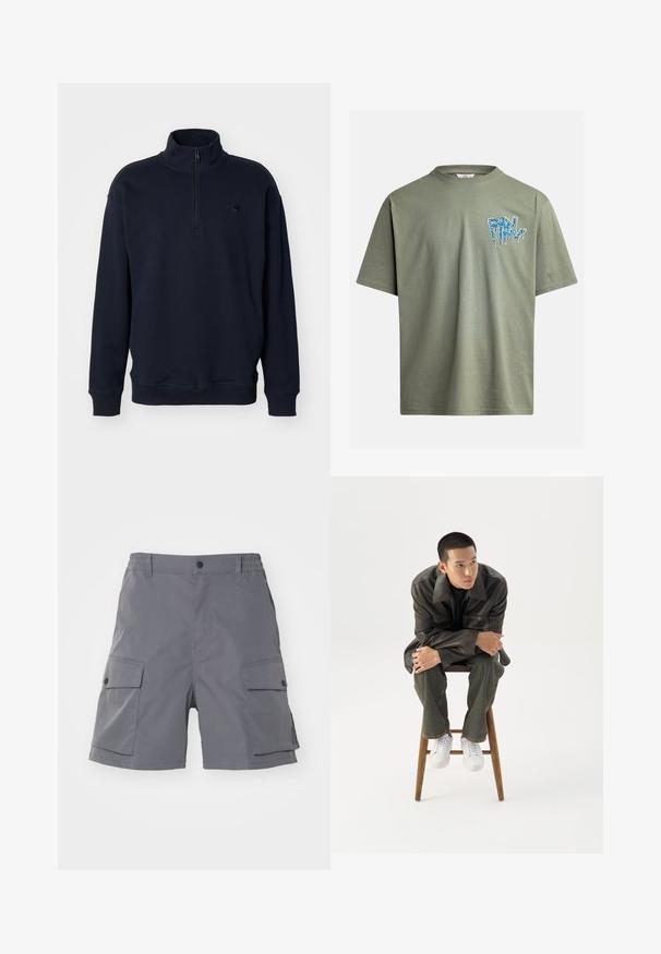 Marineblå pullover sweatshirt med høj krave, lynlås ved halsen og en tætsiddende manchet design. Har et diskret logo på brystet.; Oliven grøn bomulds t-shirt med korte ærmer, der har blåt grafisk tekst på venstre bryst i en drippende malingstil.; Carhartt WIP BALTO - Shorts - graphite; Ung mand i mørk læderjakke og jeans sidder på en træskammel, læner sig fremad med armene krydset og kigger til siden mod hvid baggrund.