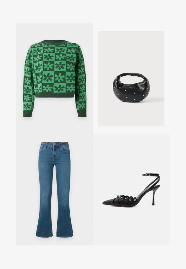 Pull cropped vert avec un motif à carreaux et des motifs de fleurs vert foncé, col rond et poignets et ourlet côtelés.; Jean en denim bleu évasé avec une taille mi-haute, design à cinq poches et un subtil détail de couture. Texture lisse avec un lavage classique.; Chaussure à talon haut noire à bout pointu, bords festonnés, œillets métalliques, lacets à l'avant et bride de cheville avec fermeture à boucle.; Sac à main en cuir noir de forme arrondie, décoré de clous argentés et équipé d'une poignée courte. Texture lisse et fermeture éclair.