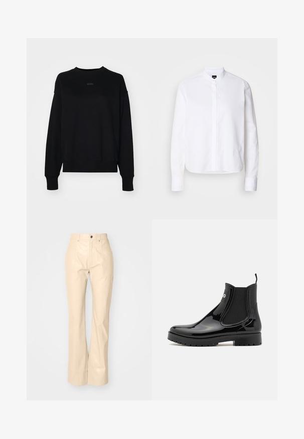 Must on puuvillasegust valmistatud must sweatshirt, millel on pikad varrukad, ümmargune kaelus ja keskel peene logo. Kastikujuline sobivus ja ribaga mansetid.; Valge kaelusega särk, millel on eesmine pliiats, pikad varrukad ja nööbid mansetis. Valmistatud siledast puuvillakanga, millel on struktureeritud lõige.; Beezhiv faux nahkust flared püksid sujuva tekstuuriga, esikottide, nööbiga sulgemise ja peene läikiva viimistlusega.; HUGO TABITA - Kummikud - black