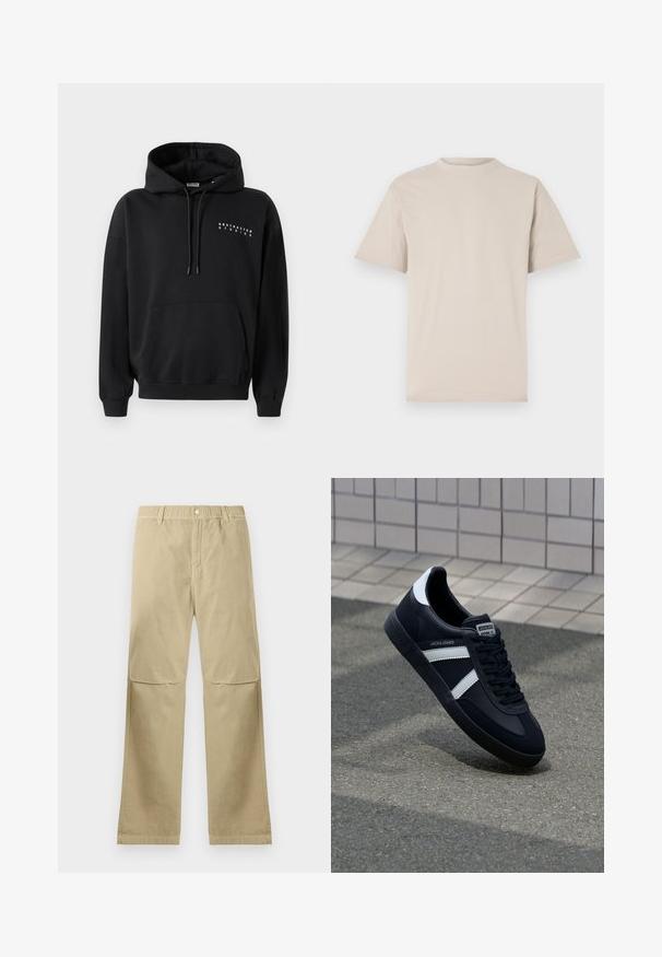 Sweatshirt noir avec une poche kangourou à l'avant, capuche avec cordon de serrage, et "ABSTRACTED STUDIOS" imprimé en blanc sur la poitrine. Design à enfiler.; T-shirt beige à manches courtes, col rond, en tissu coton lisse, avec une coupe décontractée et sans motifs ni embellissements visibles.; Pantalons beiges à jambe droite avec une fermeture à bouton-pression, passants de ceinture et détails de couture aux genoux, posés à plat sur un fond blanc.; Sneaker en cuir noir avec des rayures blanches, semelle en caoutchouc texturée et devant à lacets. Présente une étiquette de marque sur la languette.