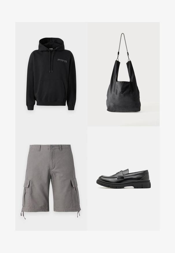 Sweatshirt noir avec une poche kangourou à l'avant, capuche avec cordon de serrage, et "ABSTRACTED STUDIOS" imprimé en blanc sur la poitrine. Design à enfiler.; Shorts cargo gris en tissu mélangé coton. Dotés de poches latérales, de cordons de serrage réglables en bas et d'une fermeture à bouton.; Mocassin en cuir noir avec une large sangle sur le devant, semelle en caoutchouc à épaisse rainure, et texture lisse. Design classique et élégant.; Sac fourre-tout en tissu noir doux avec de larges anses et une fine bandoulière tressée noire et blanche.