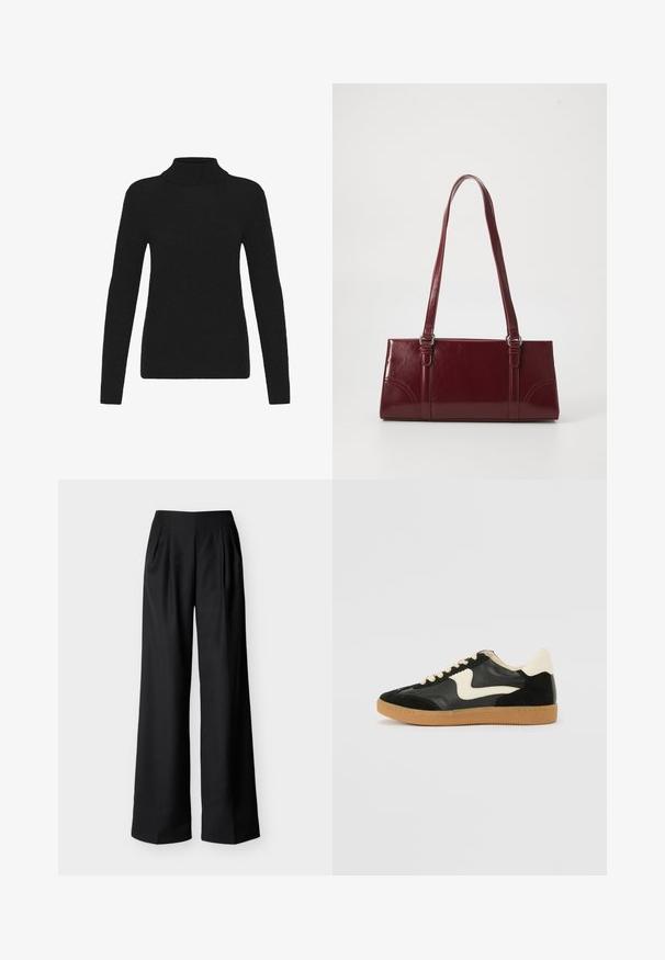 Pull à col roulé noir à manches longues avec col, poignets et ourlet côtelés, présenté sur un fond blanc.; Pantalon noir taille haute à jambes larges avec plis avant et poches latérales, présenté sur un fond clair uni.; Baskets en daim et cuir noir avec un swoosh latéral crème et un talon crème clair. Dotées de lacets beige et d'une semelle en caoutchouc gomme.; Sac à main bordeaux en matériau brillant, de forme rectangulaire, avec deux anses et des accents légèrement courbés à l'avant.