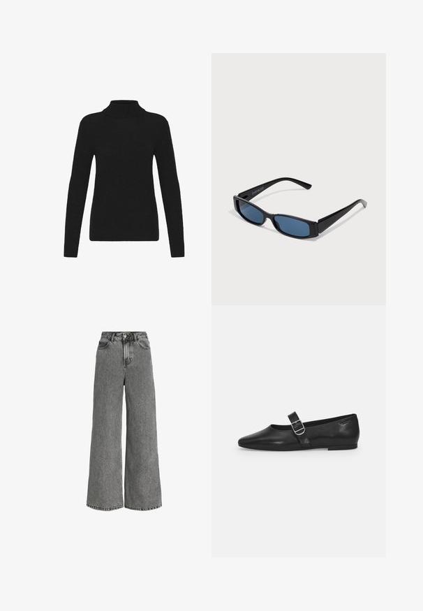 Sort langærmet turtleneck sweater med ribbet krave, manchetter og kant, præsenteret mod en hvid baggrund.; Grå jeans i denimbred ben, høj talje med knapper foran, lynlås og fem-lomme-design.; Sorte læder flade sko med rund tå, et enkelt justerbart spænde og en glat, blank overflade. Minimalistisk design med en lav hæl.; Sorte solbriller med en slank rektangulær ramme og blå linser. Har en glat overflade og robuste stænger. Mærkets logo på siden.