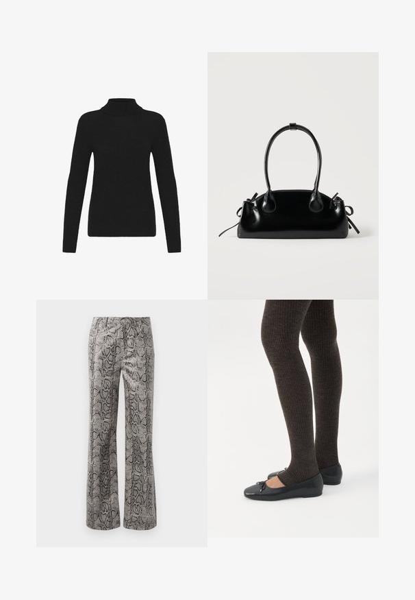 Sort langærmet turtleneck sweater med ribbet krave, manchetter og kant, præsenteret mod en hvid baggrund.; Lige bukser med sort og grå slangeskinds mønster og frontknaplukning på en hvid baggrund.; Ben iført mørke ribbede leggings kombineret med sorte balletsko med små sløjfedetaljer på hvid baggrund.; Lille sort blank håndtaske med to lange håndtag og snøre-detaljer i siden på en ensfarvet lys baggrund.