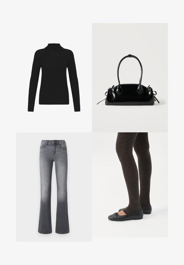 Sort langærmet turtleneck sweater med ribbet krave, manchetter og kant, præsenteret mod en hvid baggrund.; Højtaljede, brede jeans i mørkegråt denim med forlommer, knaplukning og subtilt falmede effekter mod kanten.; Ben iført mørke ribbede leggings kombineret med sorte balletsko med små sløjfedetaljer på hvid baggrund.; Lille sort blank håndtaske med to lange håndtag og snøre-detaljer i siden på en ensfarvet lys baggrund.