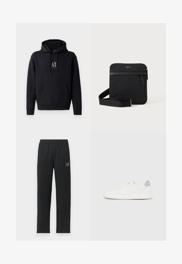 Sort hættetrøje lavet af blød bomuldsblanding, med en lomme foran, snoretræk i hætten og et lille logo på brystet. Enkelt, afslappet design.; Sorte sweatpants med lige ben, elastisk talje og sort logo-patch på venstre lår.; Hvid lavtop-sneaker med gråt hælflig, hvide snørebånd og tekstureret sål, vist på en ensfarvet lys baggrund.; Sort firkantet skuldertaske med lynlås, frontlomme og justerbar rem med præget brandnavn.