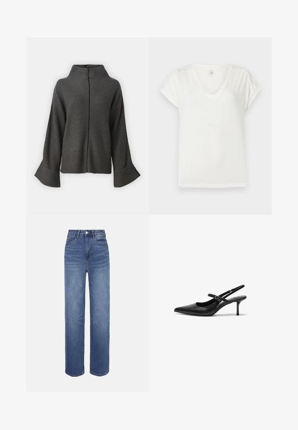 VILA VIVIGGA CONTRAST - Džemper - dark grey/black; Valge lühikeste varrukatega V-kaelusega särk, millel on pitsdetailid õlgadel, laotatud tasapinnale heledal taustal.; Hele sinise tooniga teksapüksid kõrge vöökohaga, sirgete säärtega, viie taskuga ja õrna pleekimisega kogu kangas.; Mustad nahast slingback-kontsad terava varba ja peene reguleeritava rihmaga, umbes 5 cm kõrguse stiletto-kontsaga, siledast tekstuurist.