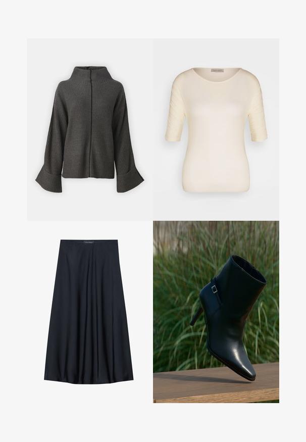 VILA VIVIGGA CONTRAST - Striktrøje - dark grey/black; Cremefarvet kortærmet top lavet af blødt materiale, med en rund halsudskæring og subtil tekstur på ærmerne. Etiketten synlig ved halsudskæringen.; Sort, knælang nederdel lavet af letvægtsstof med et svævende design. Har en glat tekstur og subtile plisseringer for en ekstra detalje.; Sort læderankelstøvle med spids tå, stablet hæl, skinnende tekstur og en dekorativ rem med en sølvspænde.