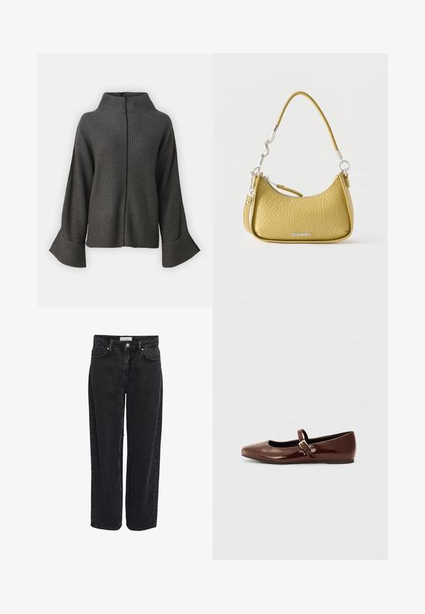 VILA VIVIGGA CONTRAST - Džemper - dark grey/black; Mustad teksapüksid laia säärega, kõrge vöökohaga, viie taskuga ja lukuhaagisega. Sile tekstuur, minimaalsete nähtavate õmbluste detailidega.; Pruun patendiga nahast pallisaapad ruudukujulise varbaga ja rihmaga, millel on väike kuldne pandla. Sile tekstuur, madal konts ja minimalistlik disain.; Väike tekstureeritud kollane käekott kõverdatud ülaosa tõmblukuga, lühikese lainelise sangaga, eemaldatava rihmaga ja hõbedase Steve Maddeni logoga.