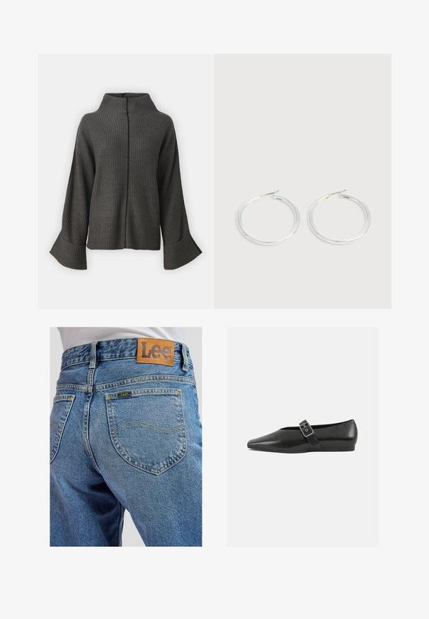 VILA VIVIGGA CONTRAST - Πουλόβερ - dark grey/black; Μπλε τζιν παντελόνια με πίσω τσέπες που έχουν κίτρινο ράψιμο και καφέ δερμάτινο έμβλημα της μάρκας Lee στη ζώνη μέσης.; Μαύρο δερμάτινο παπούτσι φλατ με μυτερή μύτη, διαθέτοντας μια μεταλλική πόρπη που διασχίζει το κέντρο του ποδιού και μια χαμηλή, ευέλικτη σόλα.; Ζεύγος λαμπερών ασημένιων κρίκων με λεπτές σύρμα σφραγίδες, παρουσιασμένα σε ανοιχτό γκρι φόντο.