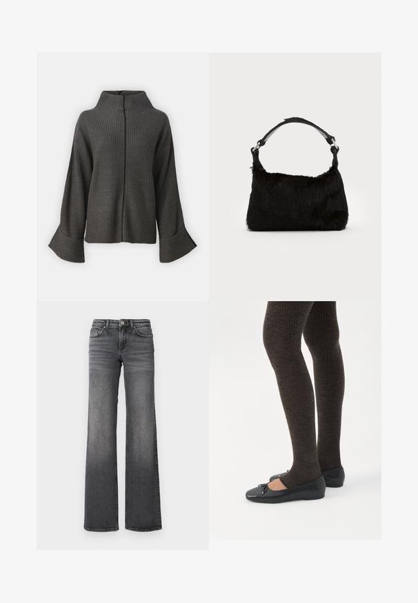 VILA VIVIGGA CONTRAST - Trui - dark grey/black; Rechthoekige, donkergrijze denim jeans met lichte vervaging op de bovenbenen en een standaard vijf-pocket ontwerp tegen een witte achtergrond.; Benen met donkere geribbelde leggings gecombineerd met zwarte ballerina's met kleine strikdetails op een witte achtergrond.; Zwarte neplederen handtas met een zachte textuur, ronde vorm en een stevige zwartleren schouderband. Zilveren hardwareaccenten zichtbaar.