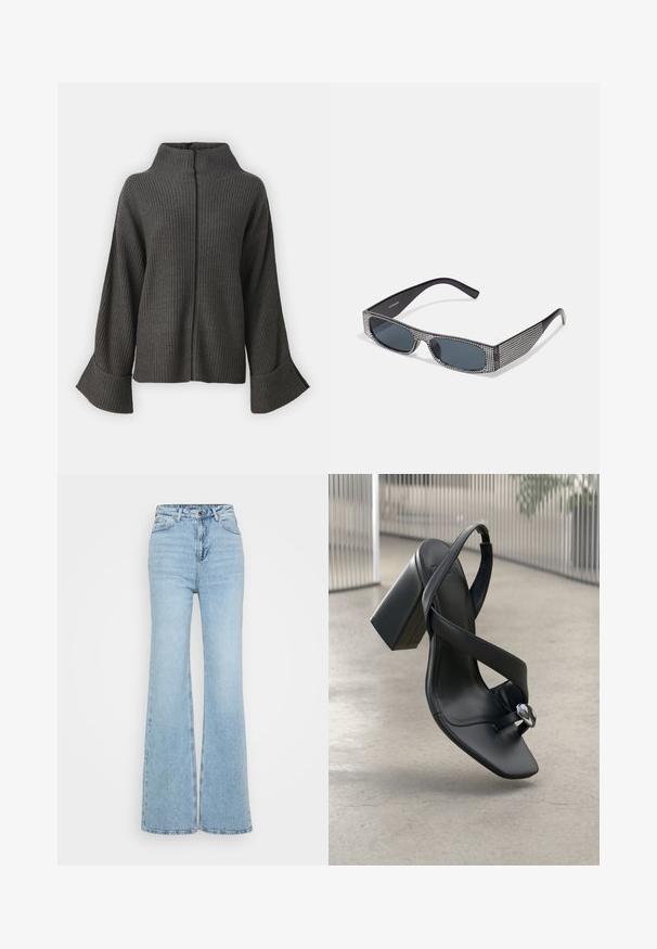 VILA VIVIGGA CONTRAST - Pullover - dark grey/black; Jean évasé bleu clair en denim, avec une taille haute, un design à cinq poches et un ourlet brut en bas. La texture est légèrement usée.; Sandale à talons hauts en cuir noir avec une large bride, une boucle pour les orteils et des embellissements en argent sur un fond lisse gris clair.; Lunettes de soleil noires avec des verres gris, ornées d'un motif en grille de petits rhinestones métalliques le long des montures. Fini lisse, design angulaire.