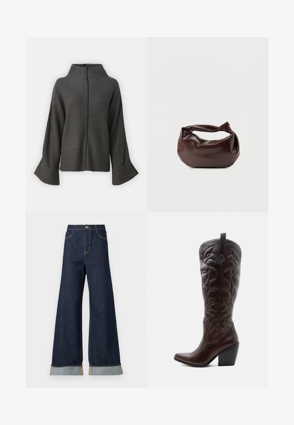 VILA VIVIGGA CONTRAST - Pullover - dark grey/black; Jean en denim foncé à jambes larges avec des coutures orange, présentant une taille haute, deux poches avant et des ourlets retroussés mettant en valeur un tissu contrastant bleu clair.; Botte de cowboy haute en cuir marron foncé avec motifs décoratifs cousus, bout pointu et talon bloc empilé.; Sac bandoulière en cuir marron foncé avec une forme souple et décontractée et une anse nouée torsadée sur un fond blanc uni.