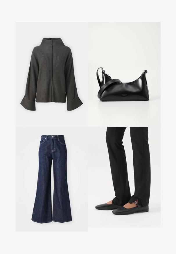 VILA VIVIGGA CONTRAST - Trui - dark grey/black; Donker denim flared jeans met een hoge taille, voorzien van een knoop- en ritssluiting. Witte stiksels en brede pijpen creëren een gestructureerd silhouet.; Benen met zwarte smalle broek met voorsplitten aan de zoom, gecombineerd met zwarte platte Mary Jane-schoenen met een klein gespje.; Zwarte leren handtas met een gladde textuur. Beschikt over een verstelbare schouderband en een strak, minimalistisch ontwerp met een ritssluiting.