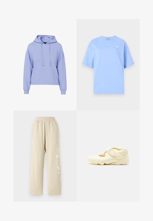 Vaaleanpunertava lyhyt huppari, jossa on pitkät hihat, edessä kiristysnyörit ja resorit hihojen kärjissä, valkoisella taustalla.; New Balance REIMAGINED OVERSIZED - Printtipaita - electric sky; Beige, rento-istuva verkkarit, joissa on joustava vyötärö, sivutaskut ja valkoinen graafinen yksityiskohta vasemmassa jalassa. Pehmeä puuvillakangas.; Beigen värinen urheilukenkä paksulla pohjalla, leikkauskuvioinnilla ja kahdella säädettävällä tarranauhakiinnityksellä valkoisella taustalla.