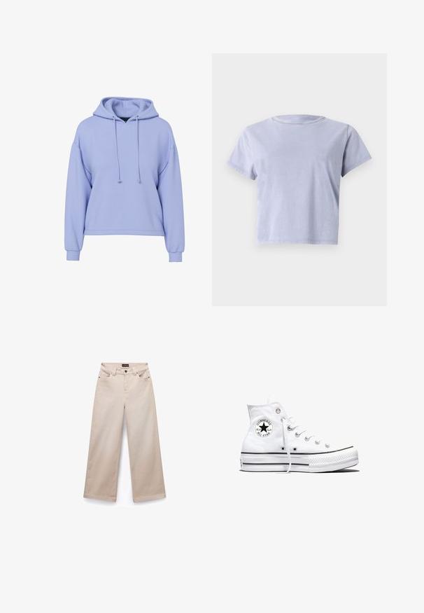 Sudadera corta de color púrpura claro con mangas largas, cordones frontales y puños acanalados sobre un fondo blanco.; Camiseta de manga corta y cuello redondo en lila claro. Fabricada en suave algodón, con un corte holgado y un diseño liso sin patrones ni adornos.; Pantalones de pierna ancha beige, hechos de algodón con una textura suave. Cuenta con cinco bolsillos, pasadores para cinturón y herrajes en tono plateado en la parte frontal.; Zapatilla blanca de caña alta Converse Chuck Taylor All Star con parche de logo negro y cordones blancos, presentada sobre fondo blanco.