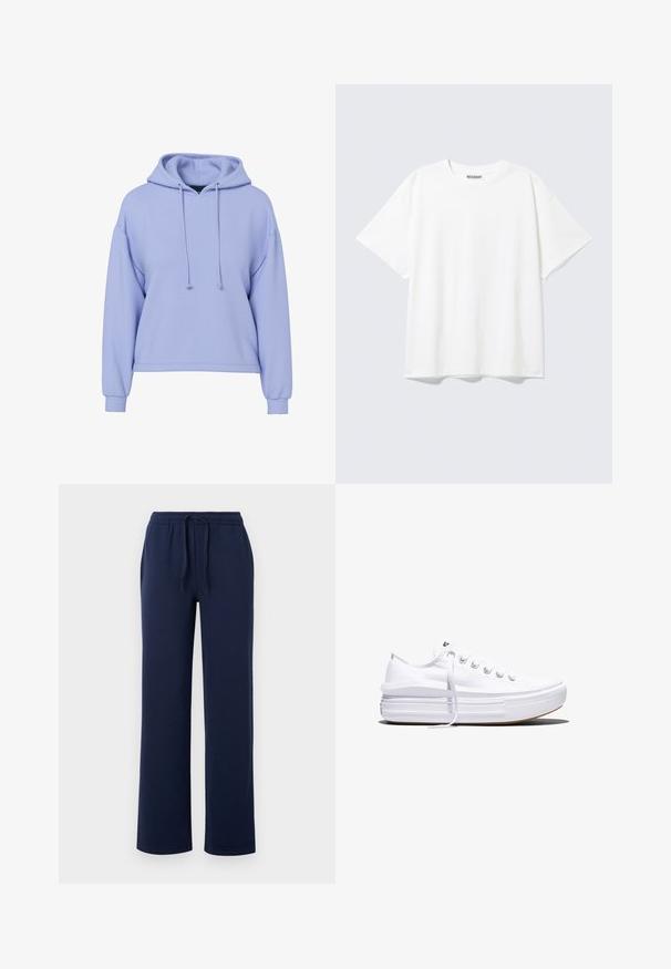 Sweat à capuche court violet clair avec manches longues, cordons de serrage à l'avant et poignets côtelés sur fond blanc.; T-shirt blanc à manches courtes, col rond, coupe décontractée et étiquette "WEEKDAY" à l’intérieur du dos du col.; Pantalons de survêtement bleu marine en coton doux, dotés d'une taille élastique avec cordon de serrage, de poches latérales et d'un design à jambe droite.; Baskets basses blanches en toile avec semelle plateforme épaisse, lacets sur le devant et embout en caoutchouc texturé, vues de profil.