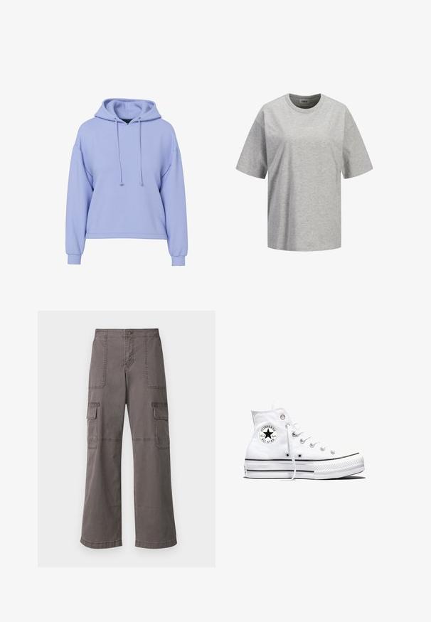 Sudadera corta de color púrpura claro con mangas largas, cordones frontales y puños acanalados sobre un fondo blanco.; Camiseta de manga corta y cuello redondo de color gris claro con un pequeño logo blanco "JJXX STUDIO" centrado en el pecho.; Pantalones de carga grises de algodón con un diseño de pierna ancha, que cuentan con dos bolsillos delanteros, dos bolsillos laterales y detalles de costura visibles.; Zapatilla blanca de caña alta Converse Chuck Taylor All Star con parche de logo negro y cordones blancos, presentada sobre fondo blanco.