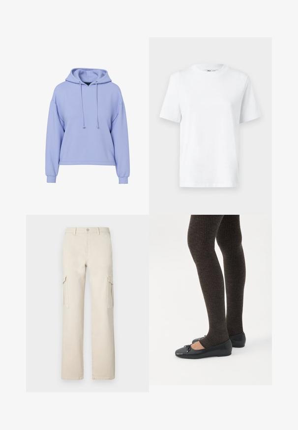 Sweat à capuche court violet clair avec manches longues, cordons de serrage à l'avant et poignets côtelés sur fond blanc.; T-shirt en coton blanc à col rond, avec des manches courtes et une texture lisse. Conçu avec une coupe décontractée pour plus de confort et de polyvalence.; Pantalons cargo larges beiges en coton, avec deux poches latérales et une fermeture à boutons. Présente un design épuré et une silhouette droite.; Jambes portant des leggings côtelés foncés associés à des ballerines noires avec de petits détails en nœud sur fond blanc.
