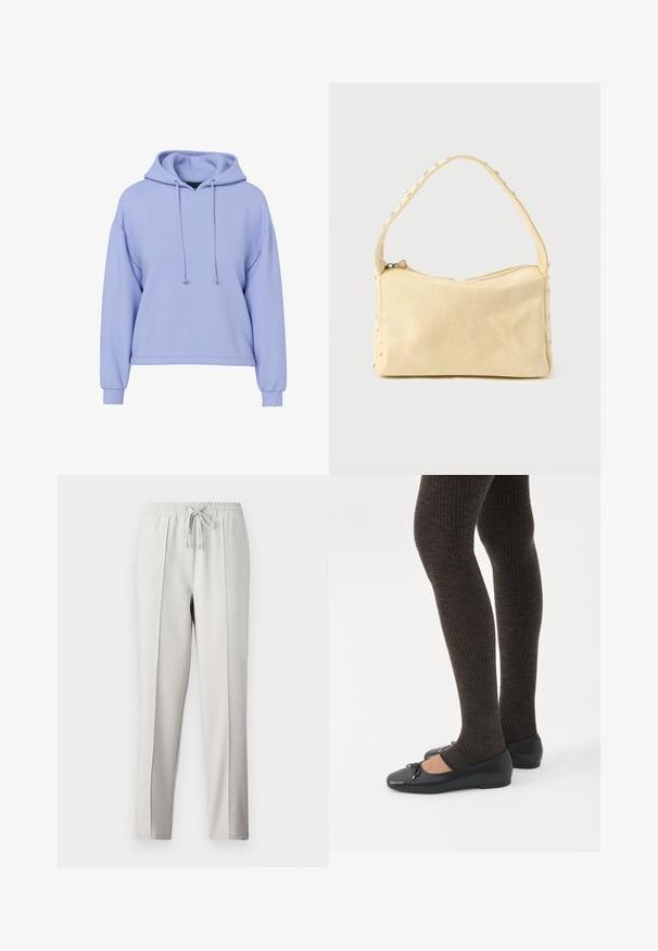 Lyse lilla cropped hoodie med lange ærmer, snore foran og ribbede manchetter på en hvid baggrund.; Lysegrå joggerbukser med elastisk talje, snører og sidesømmer. Fremstillet i glat stof for en afslappet pasform.; Ben iført mørke ribbede leggings kombineret med sorte balletsko med små sløjfedetaljer på hvid baggrund.; Lille beige læderhåndtaske med en enkelt rem og sølvnitter langs kanterne og remmen, sat mod en ensfarvet baggrund.