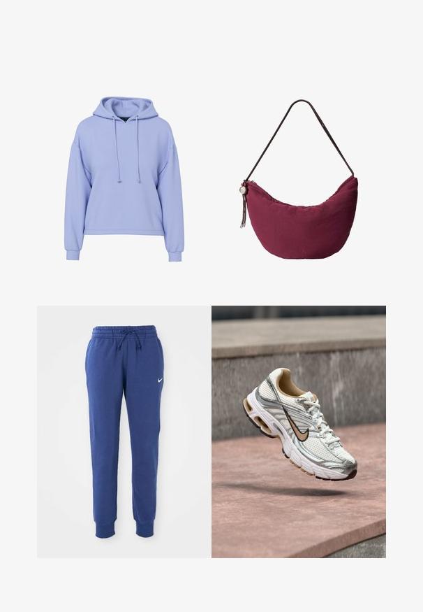 Lichtpaarse cropped hoodie met lange mouwen, voorste trekkoorden en geribbelde boorden op een witte achtergrond.; Blauwe Nike trainingsbroek met elastische tailleband, trekkoord, gekruiste enkels en wit Nike swoosh-logo op de linkerdij.; Witte en zilveren Nike hardloopschoen met een beige swoosh-logo, getoond zwevend boven een stenen oppervlak met een onscherpe grijze muur op de achtergrond.; Kleine halvemaanvormige schoudertas in bordeauxrood met een dunne band, ritssluiting en een decoratieve ronde kraal aan één zijde.