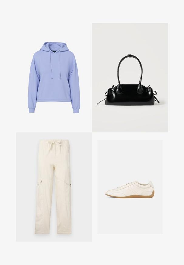 Lyse lilla cropped hoodie med lange ærmer, snore foran og ribbede manchetter på en hvid baggrund.; Beige cargo bukser med snøre i taljen, udstyret med to sidelommer og syede detaljer. Fremstillet af letvægts bomuldsstof.; Hvid lædersneaker med en glat tekstur, rund tå og tonale syninger. Har en tanfarvet gummisål og snørebånds-lukning.; Lille sort blank håndtaske med to lange håndtag og snøre-detaljer i siden på en ensfarvet lys baggrund.