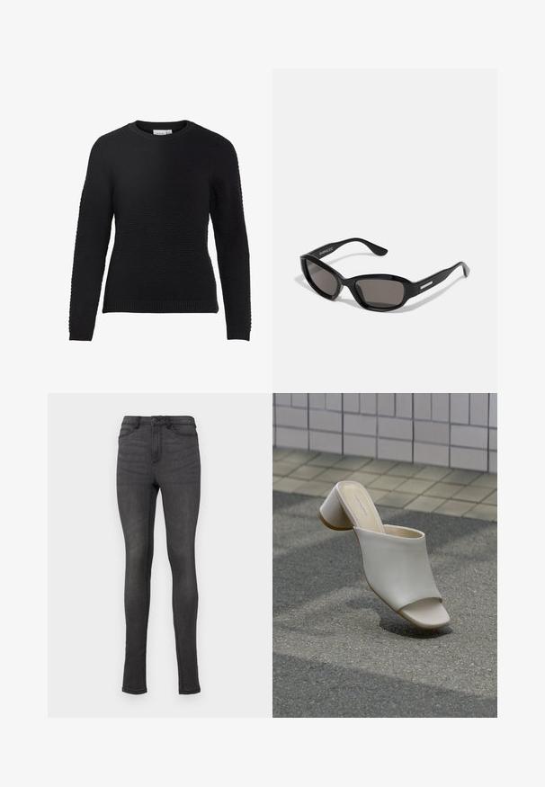 Schwarzer Strickpullover mit einem strukturierten Muster, Rundhalskragen und gerippten Bündchen und Saum. Lange Ärmel und eine taillierte Passform.; Skinny Jeans aus dunkelgrauem Denim, mit hohem Bund, Gürtelschlaufen und einem einzelnen Knopfverschluss. Keine sichtbaren Abnutzungsspuren oder Muster.; Ein weißer offener Mule mit Blockabsatz auf gepflastertem Boden nahe einer gefliesten Wand, schräg gestellt, um Seiten- und Draufsicht zu zeigen.; Schwarze Sonnenbrille mit rechteckigem Rahmen, dunklen Gläsern, glattem Kunststoffmaterial und einem metallischen Akzent am Bügel.