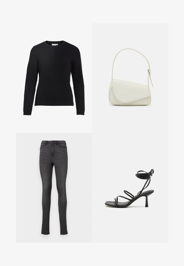 Sort strikket sweater med et tekstureret mønster, rund halsudskæring og ribbede manchetter og kant. Lange ærmer og en tætsiddende design.; Slim fit jeans lavet af mørkegrå denim, med høj talje, bælteløkker og en enkelt knaplukning. Ingen synlige slid eller mønstre.; Sort strappy sandal med firkantet tå, justerbare ankelbind og en slank, blokhæl. Fremstillet af et glat, holdbart materiale.; Hvid taske i faux læder med en struktureret trekantet form, enkelt justerbart skulderstrop og en flaplås med kurver.